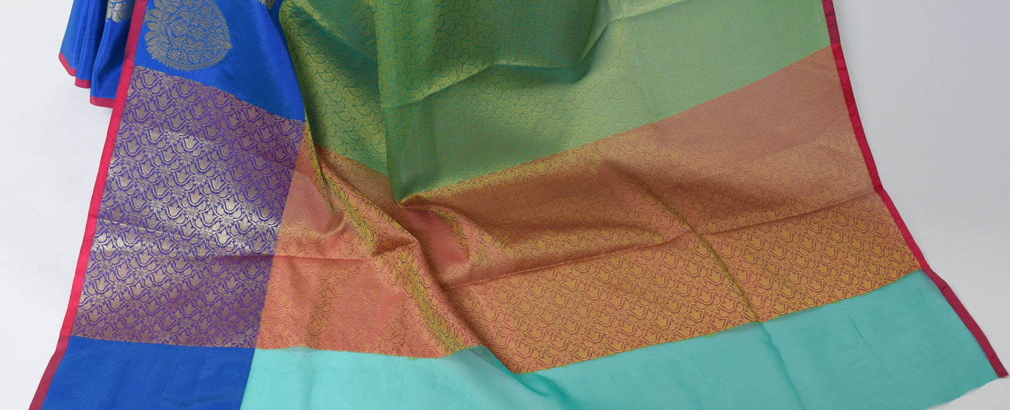 Banarasi Vastra Kora Silk Resham Tanchoi Saree & Zari Woven Skirt Border Green
