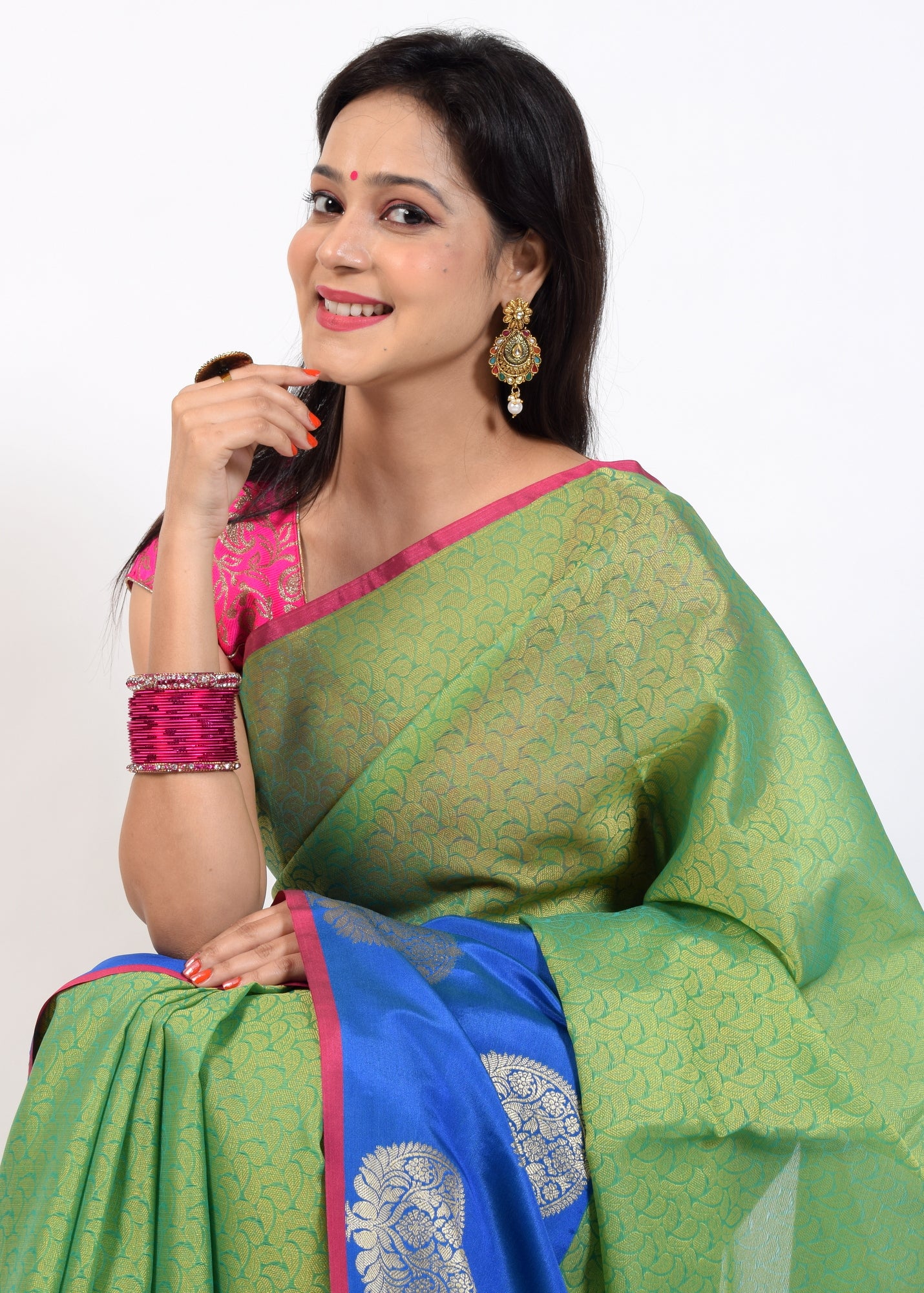 Banarasi Vastra Kora Silk Resham Tanchoi Saree & Zari Woven Skirt Border Green