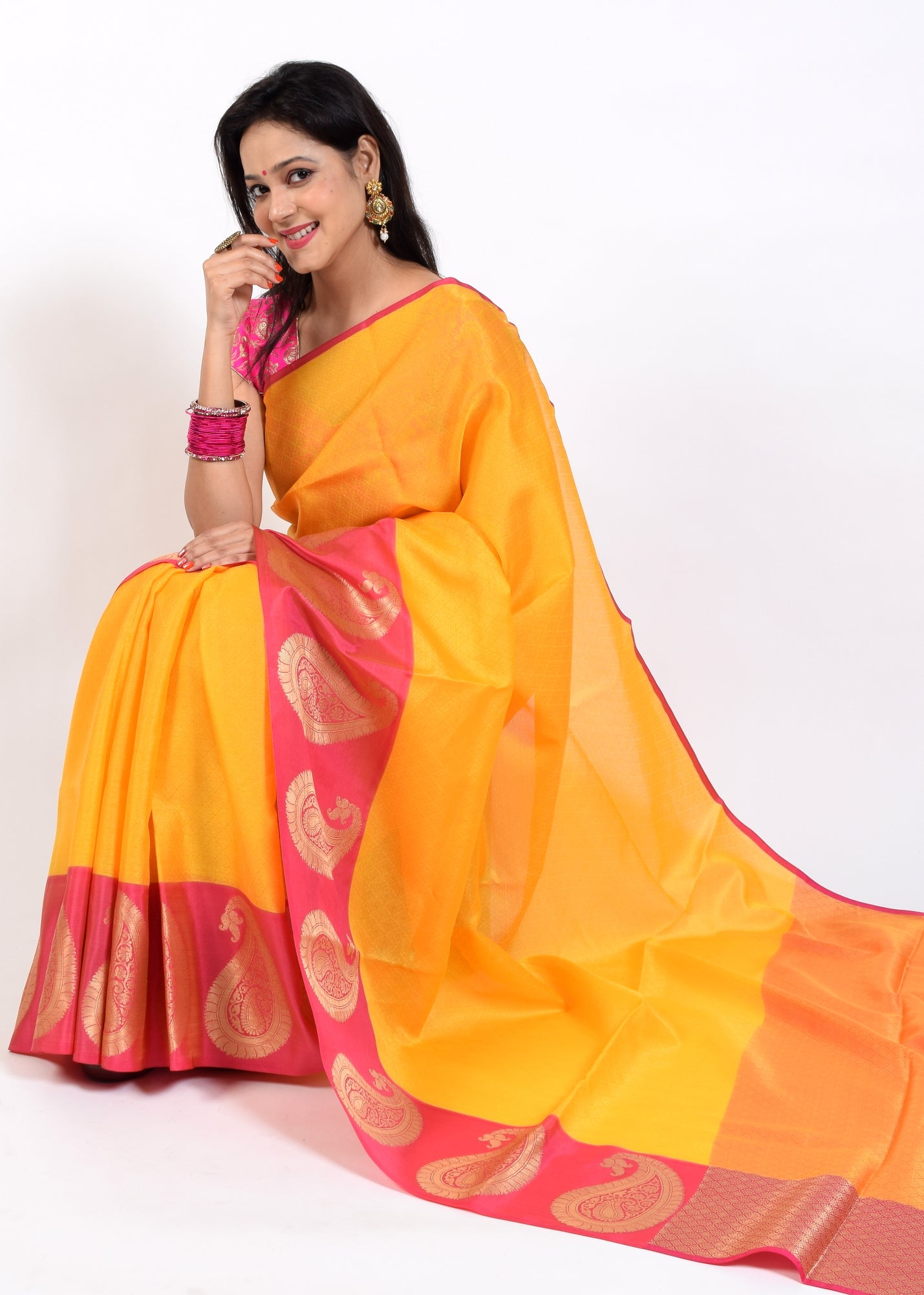 Banarasi Vastra Kora Silk Tanchoi Saree Zari & Resham Woven Skirt Border Yellow