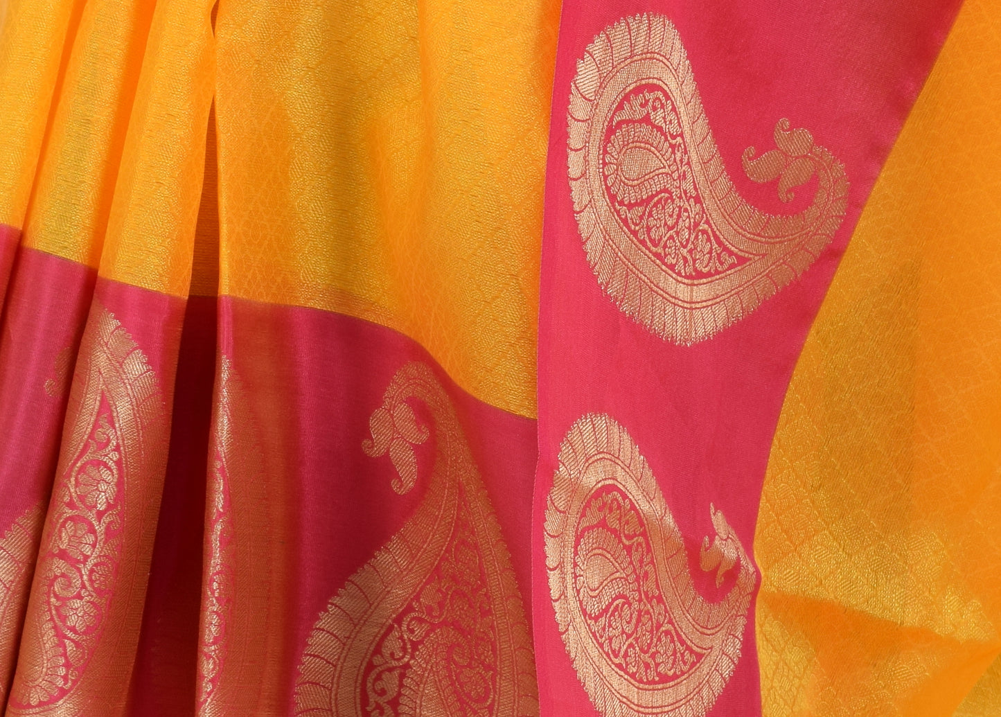 Banarasi Vastra Kora Silk Tanchoi Saree Zari & Resham Woven Skirt Border Yellow