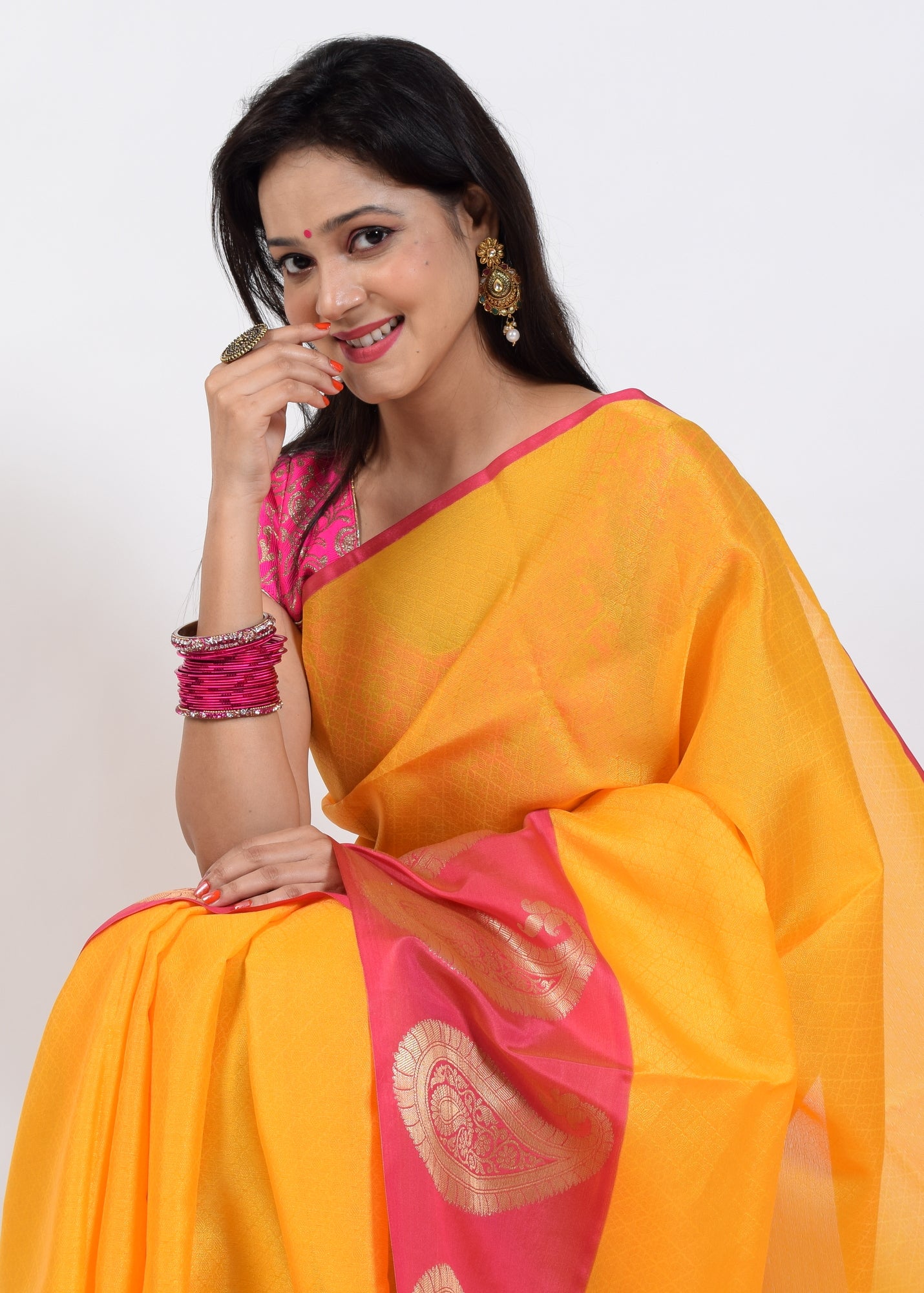 Banarasi Vastra Kora Silk Tanchoi Saree Zari & Resham Woven Skirt Border Yellow