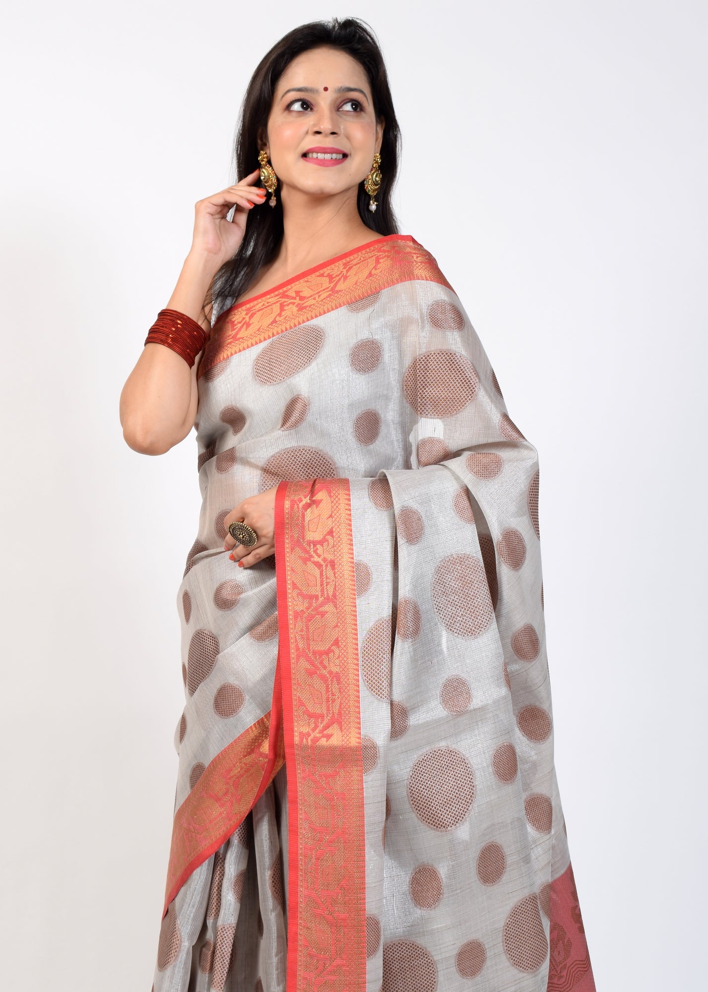 Banarasi Vastra Tissue Silk Baswada Saree with Copper Zari Woven Silver Gray