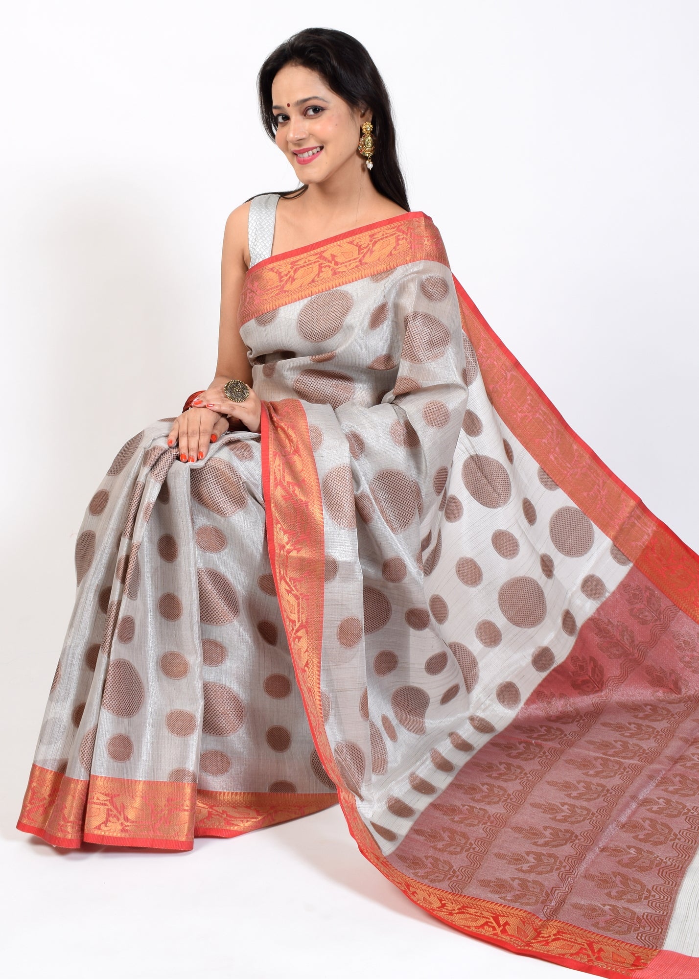 Banarasi Vastra Tissue Silk Baswada Saree with Copper Zari Woven Silver Gray