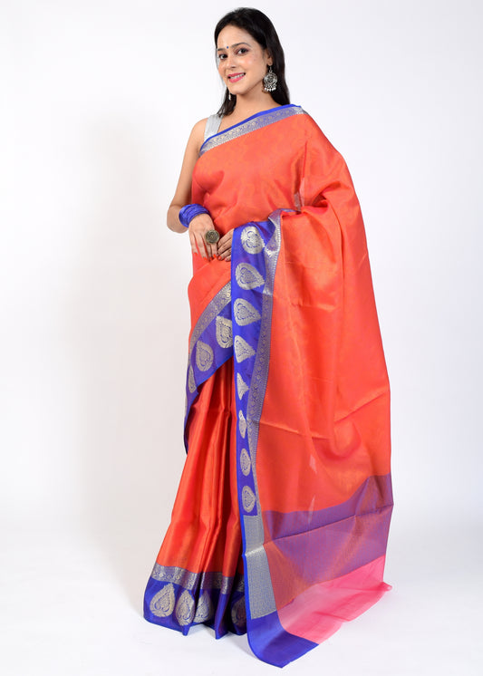 Banarasi Vastra Kora Silk Tanchoi Saree Resham Body Zari Woven Skirt Border Rust