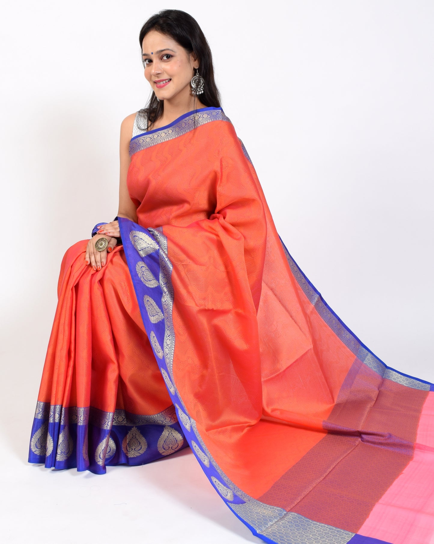 Banarasi Vastra Kora Silk Tanchoi Saree Resham Body Zari Woven Skirt Border Rust