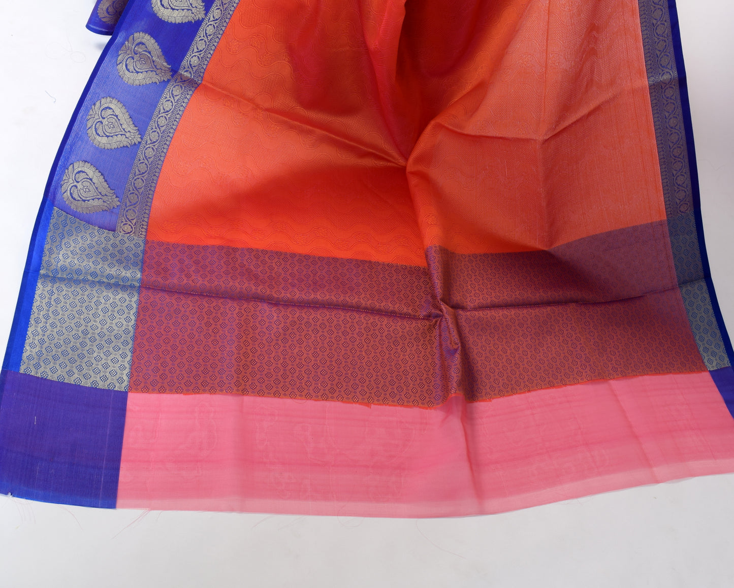Banarasi Vastra Kora Silk Tanchoi Saree Resham Body Zari Woven Skirt Border Rust