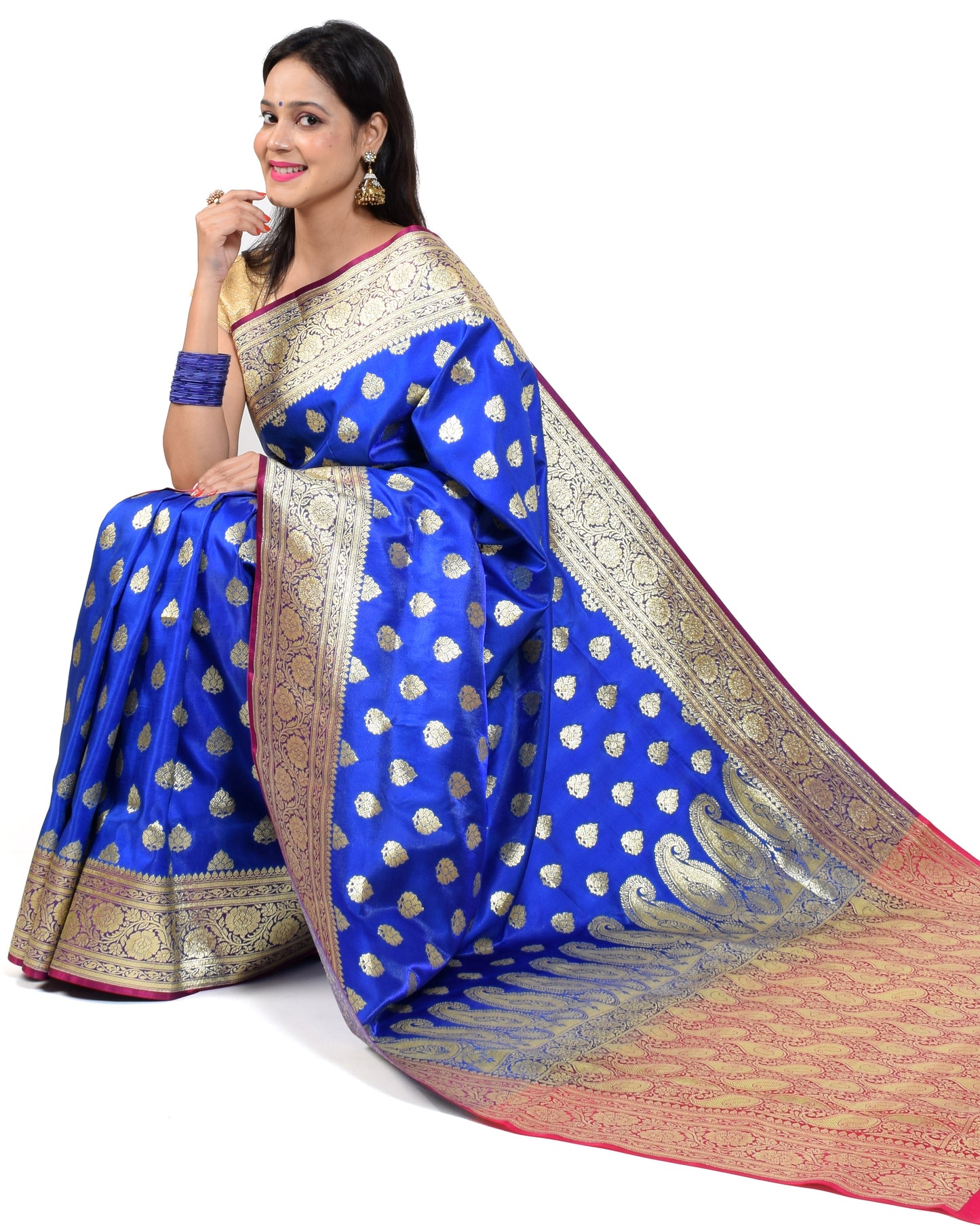 Banarasi Vastra Satin Silk Woven Zari Brocade Heavy Banarasi Saree Blue