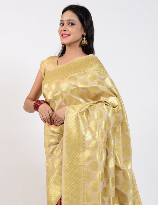 Banarasi Vastra Satin Silk Woven Zari Brocade Heavy Banarasi Saree Beige & Red