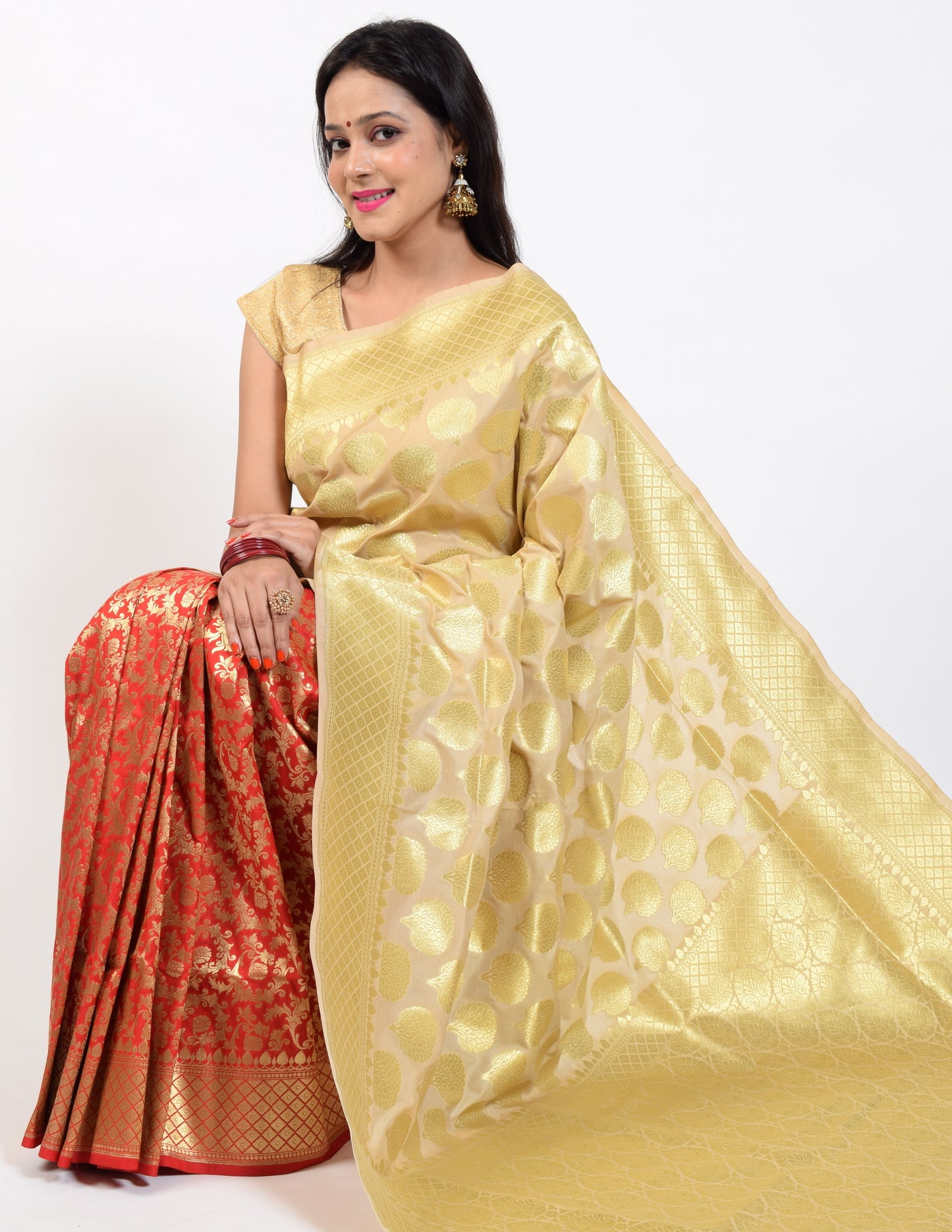 Banarasi Vastra Satin Silk Woven Zari Brocade Heavy Banarasi Saree Beige & Red