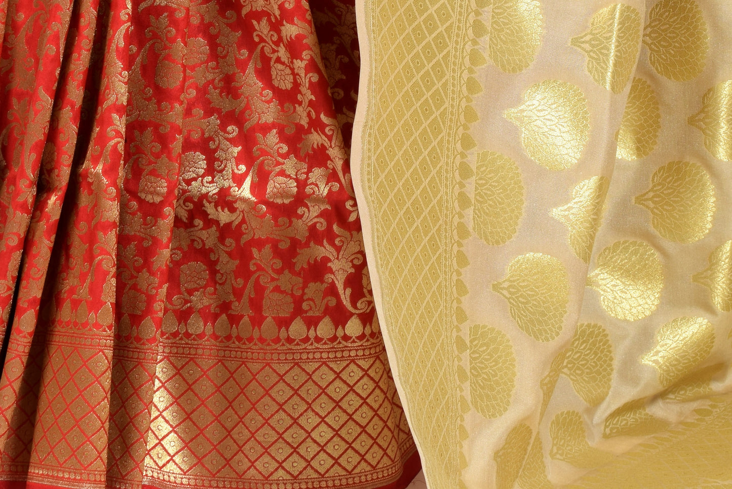 Banarasi Vastra Satin Silk Woven Zari Brocade Heavy Banarasi Saree Beige & Red
