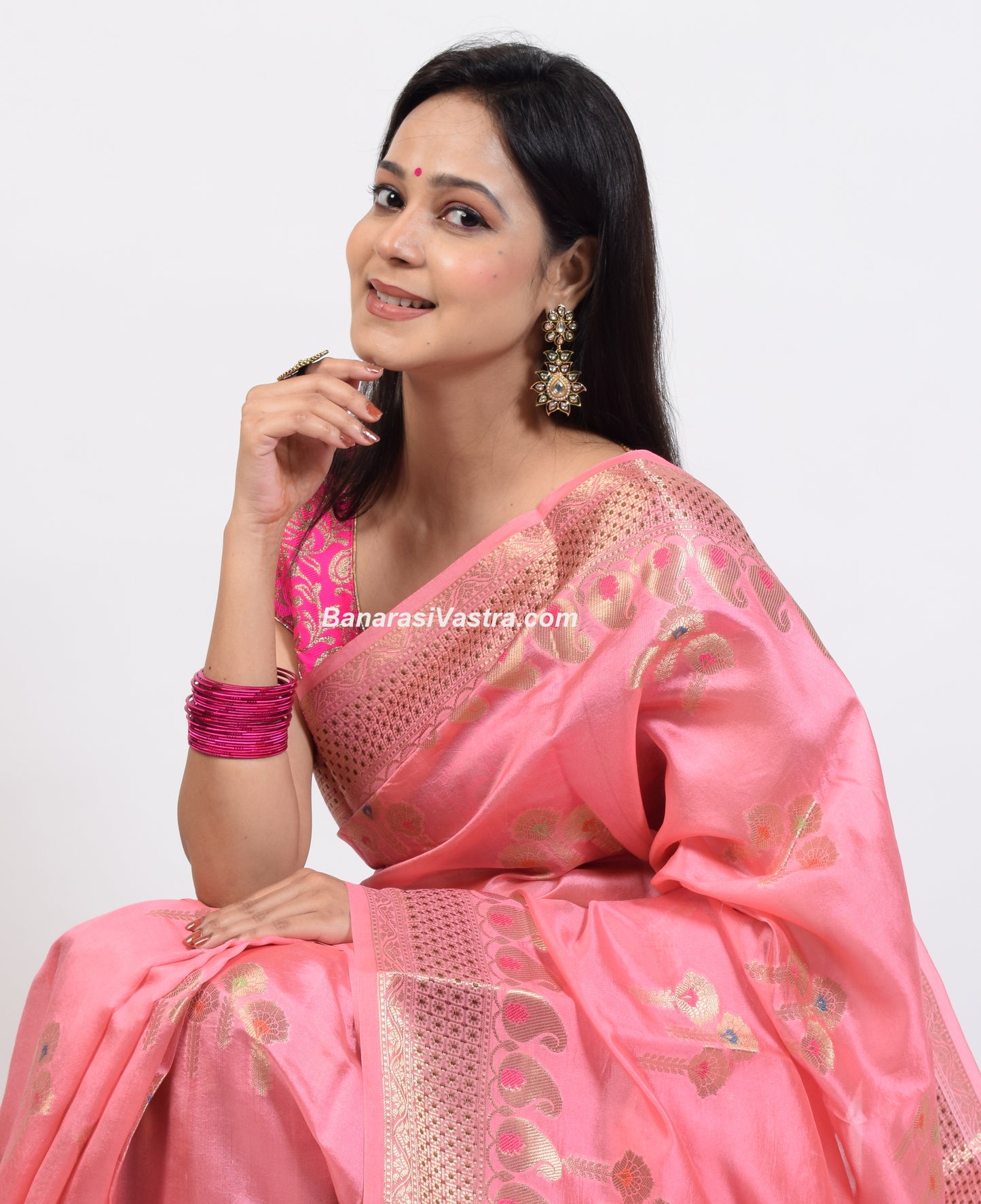 Banarasi Vastra Pure Banarasi Handloom Dupion Silk Zari Woven Saree Peach