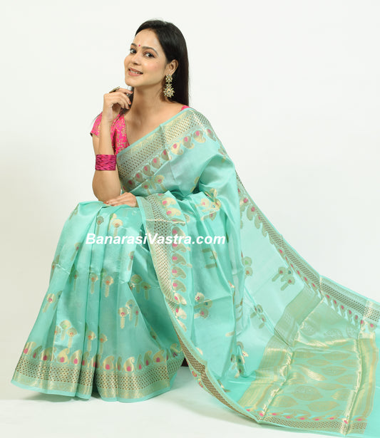 Banarasi Vastra Pure Banarasi Handloom Dupion Silk Zari Woven Saree Aqua Green