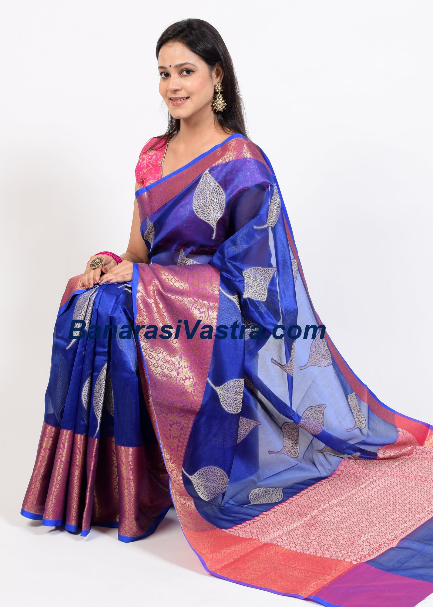 Banarasi Vastra Cotton Soft Saree With Large Leaf Buta & Floral Zari Border Blue