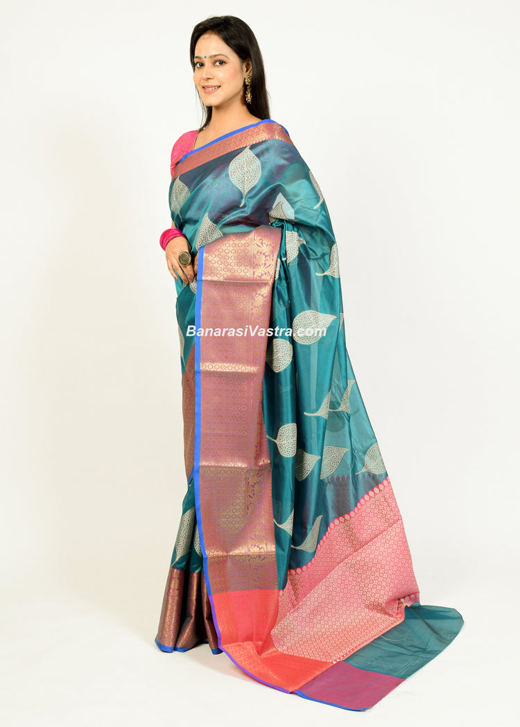 Banarasi Vastra Cotton Soft Saree With Large Leafs Buta & Floral Zari Border Gre