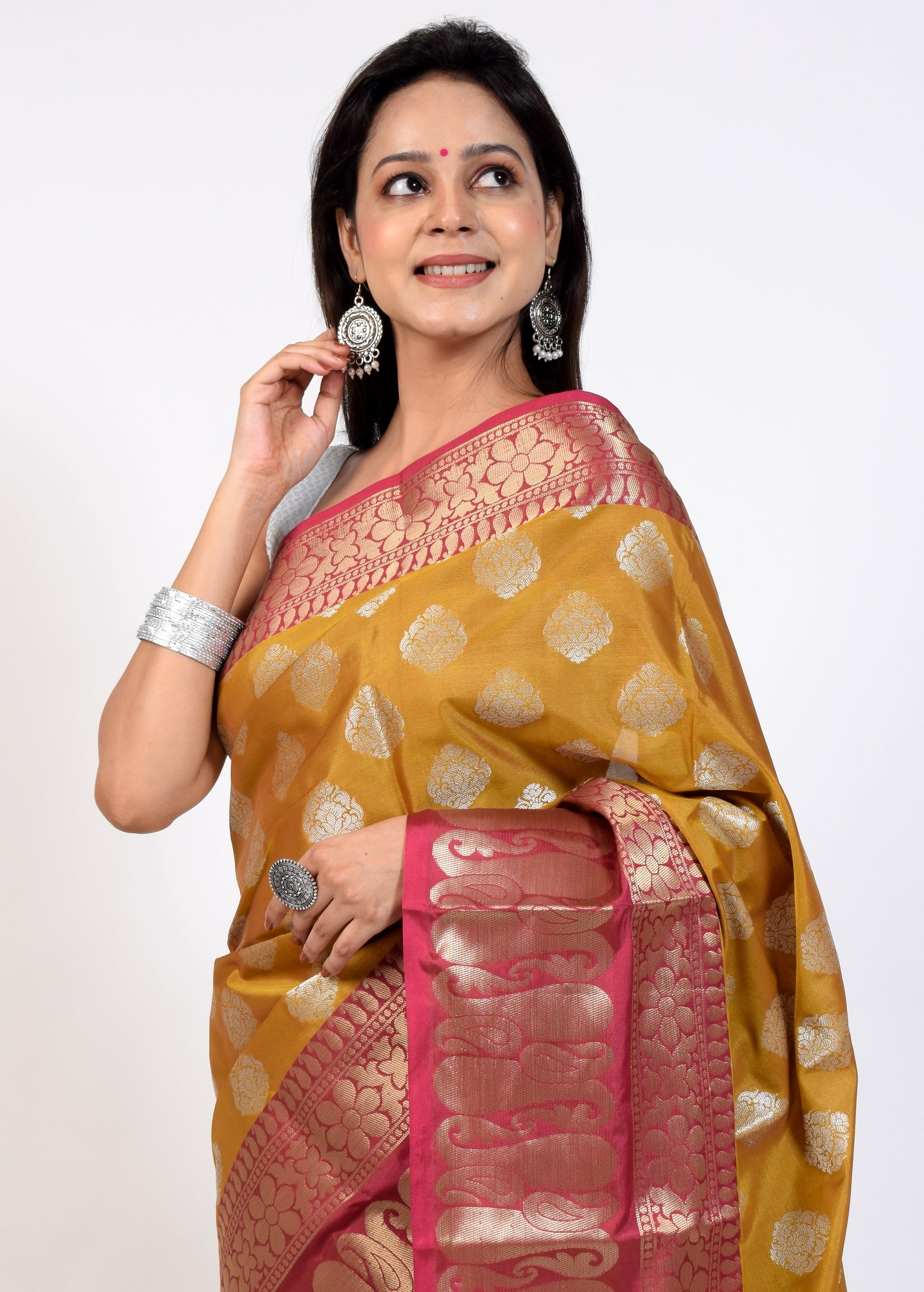 Banarasi Vastra Semi Katan Silk Woven Saree Silver Zari Buta Paisley Border Anti