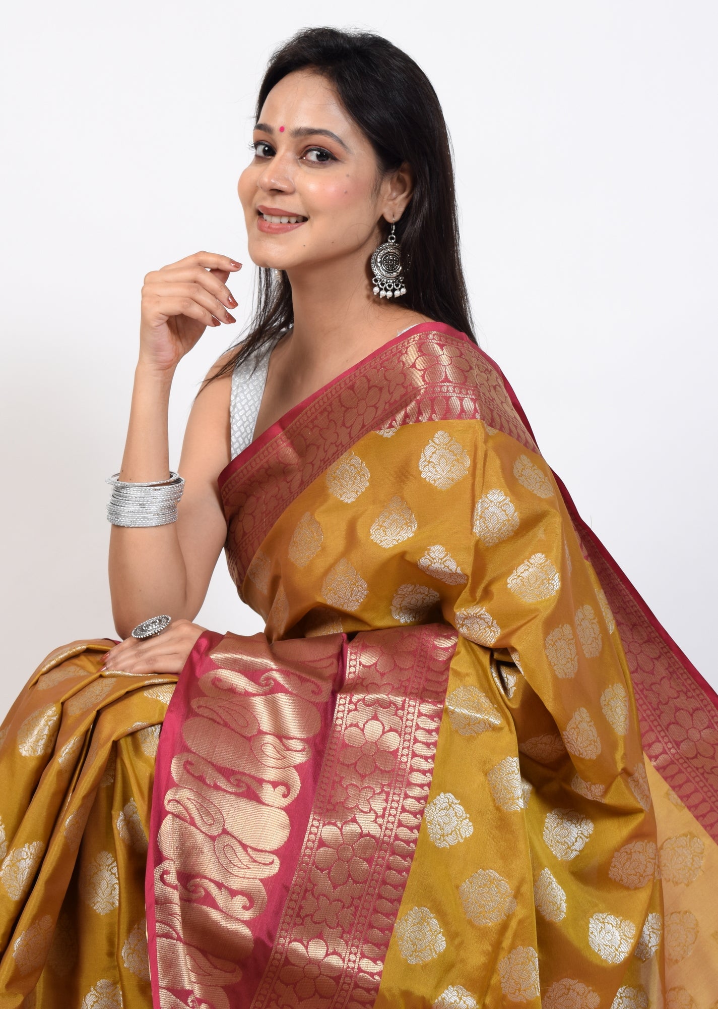 Banarasi Vastra Semi Katan Silk Woven Saree Silver Zari Buta Paisley Border Anti