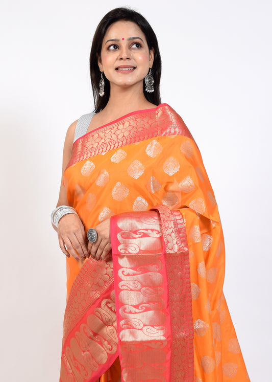 Banarasi Vastra Semi Katan Silk Woven Saree Silver Zari Buta Paisley Border