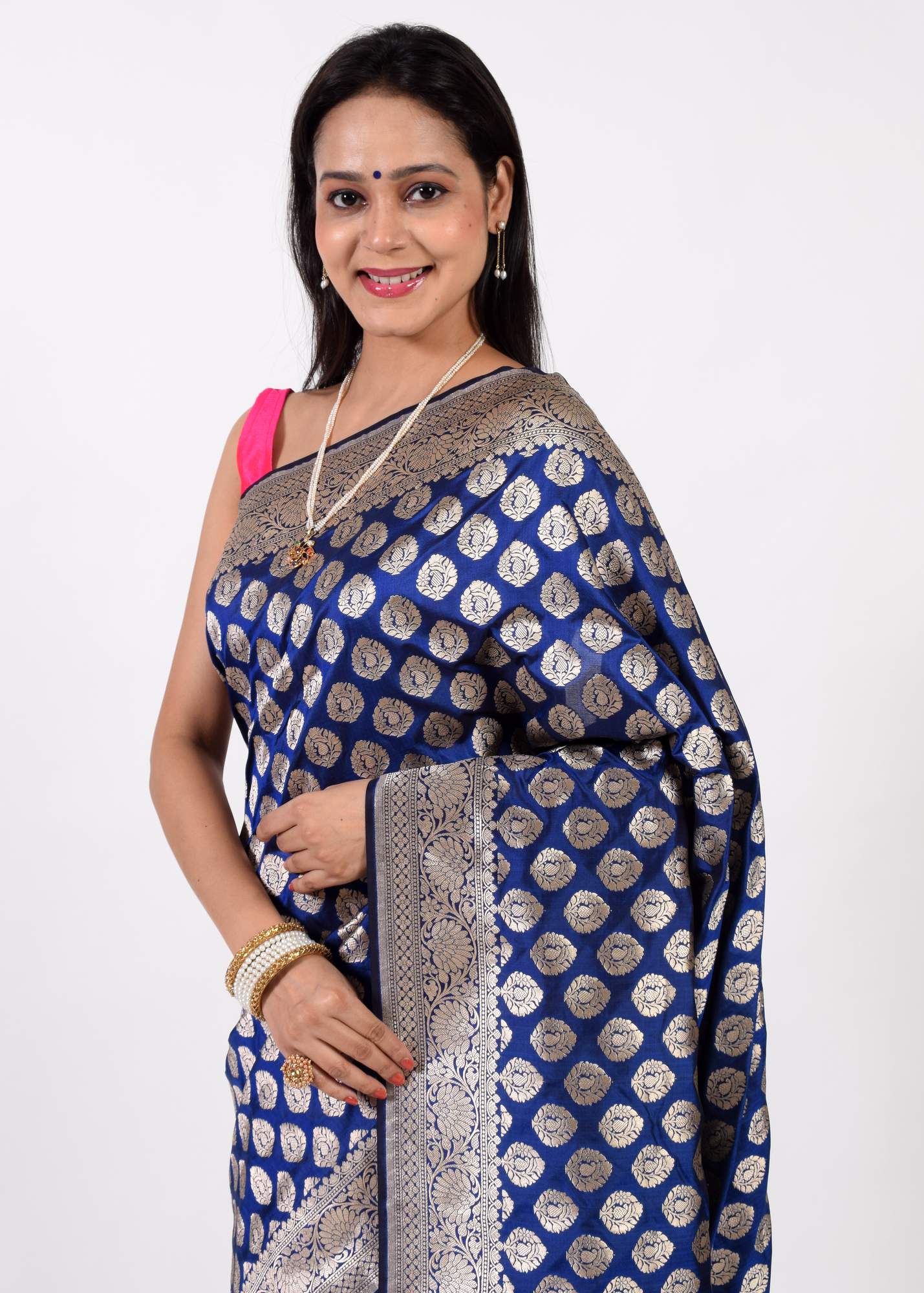 100% Pure Katan Silk Banarasi Handloom Blue Zari Woven Saree Sari Fabric
