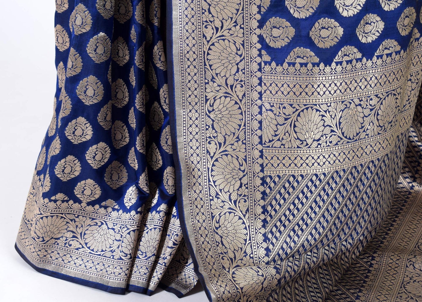 100% Pure Katan Silk Banarasi Handloom Blue Zari Woven Saree Sari Fabric