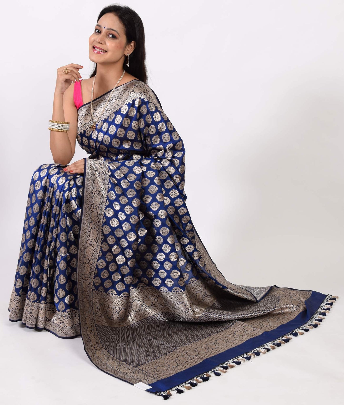 100% Pure Katan Silk Banarasi Handloom Blue Zari Woven Saree Sari Fabric