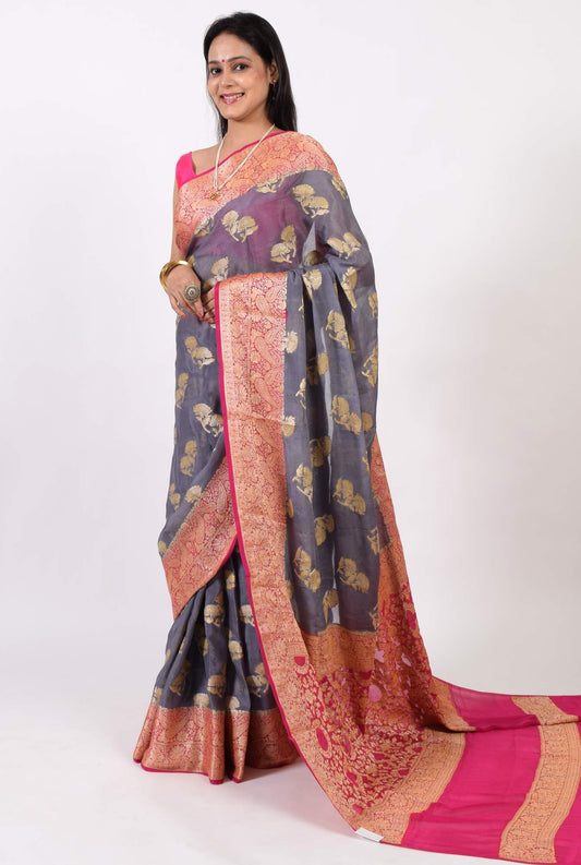 Gray & Magenta Pure Khaddi Chiffon Silk Banarasi Handloom Premium Saree Fabric