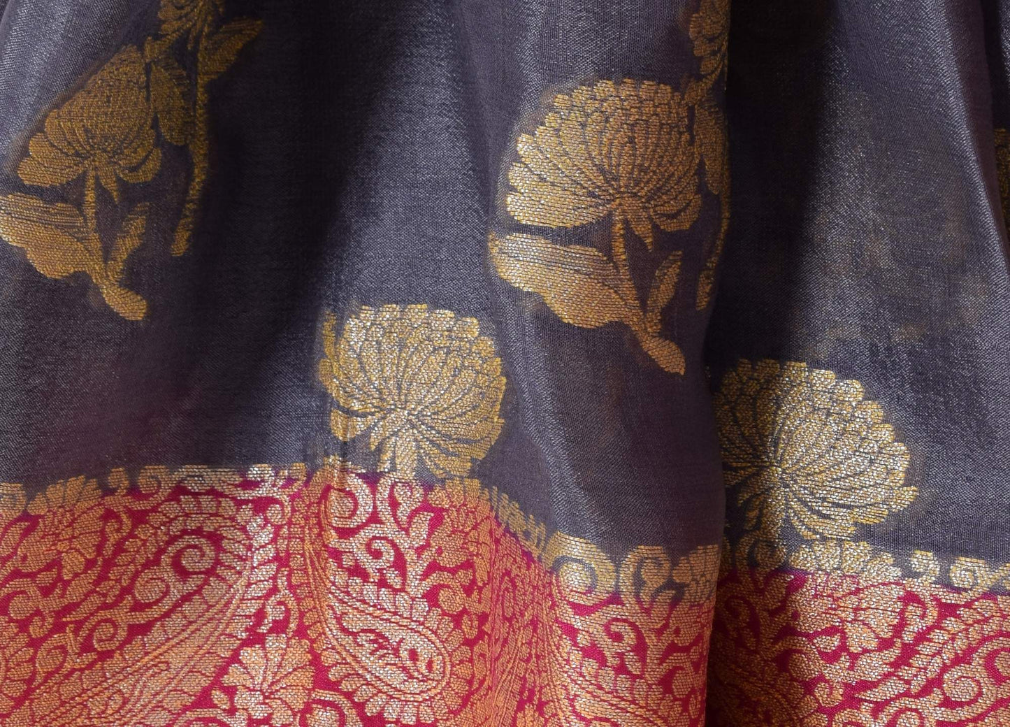 Gray & Magenta Pure Khaddi Chiffon Silk Banarasi Handloom Premium Saree Fabric