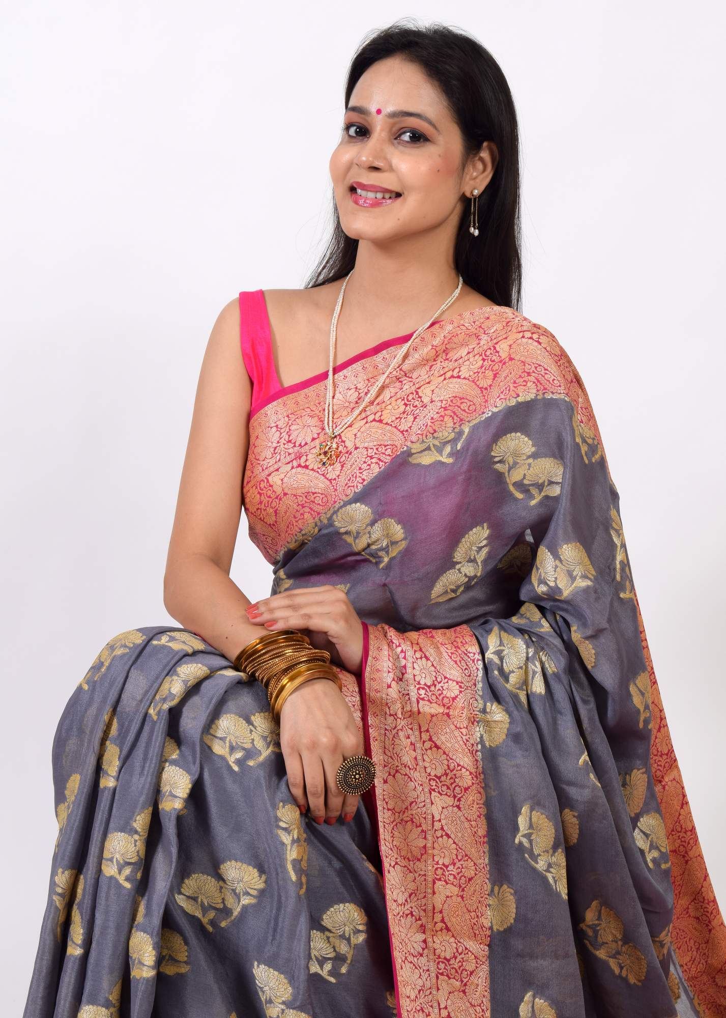 Gray & Magenta Pure Khaddi Chiffon Silk Banarasi Handloom Premium Saree Fabric