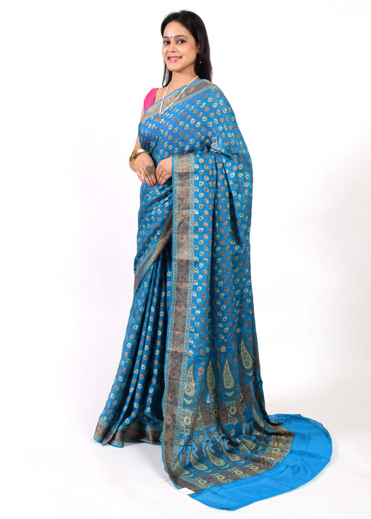Teal Blue Pure Khaddi Chiffon Silk Banarasi Handloom Zari Woven Motifs Saree