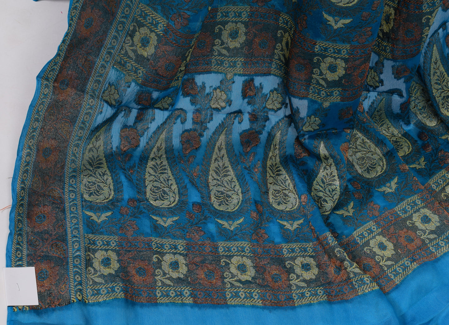 Teal Blue Pure Khaddi Chiffon Silk Banarasi Handloom Zari Woven Motifs Saree