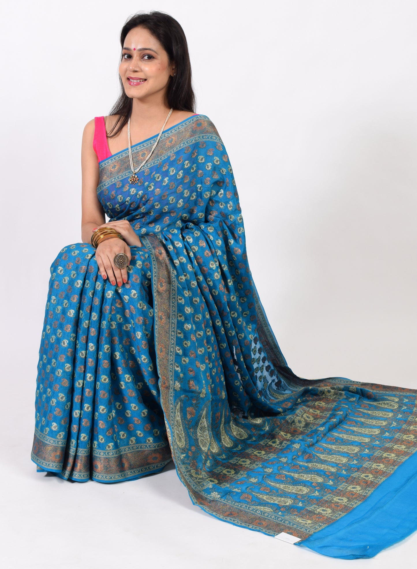 Teal Blue Pure Khaddi Chiffon Silk Banarasi Handloom Zari Woven Motifs Saree