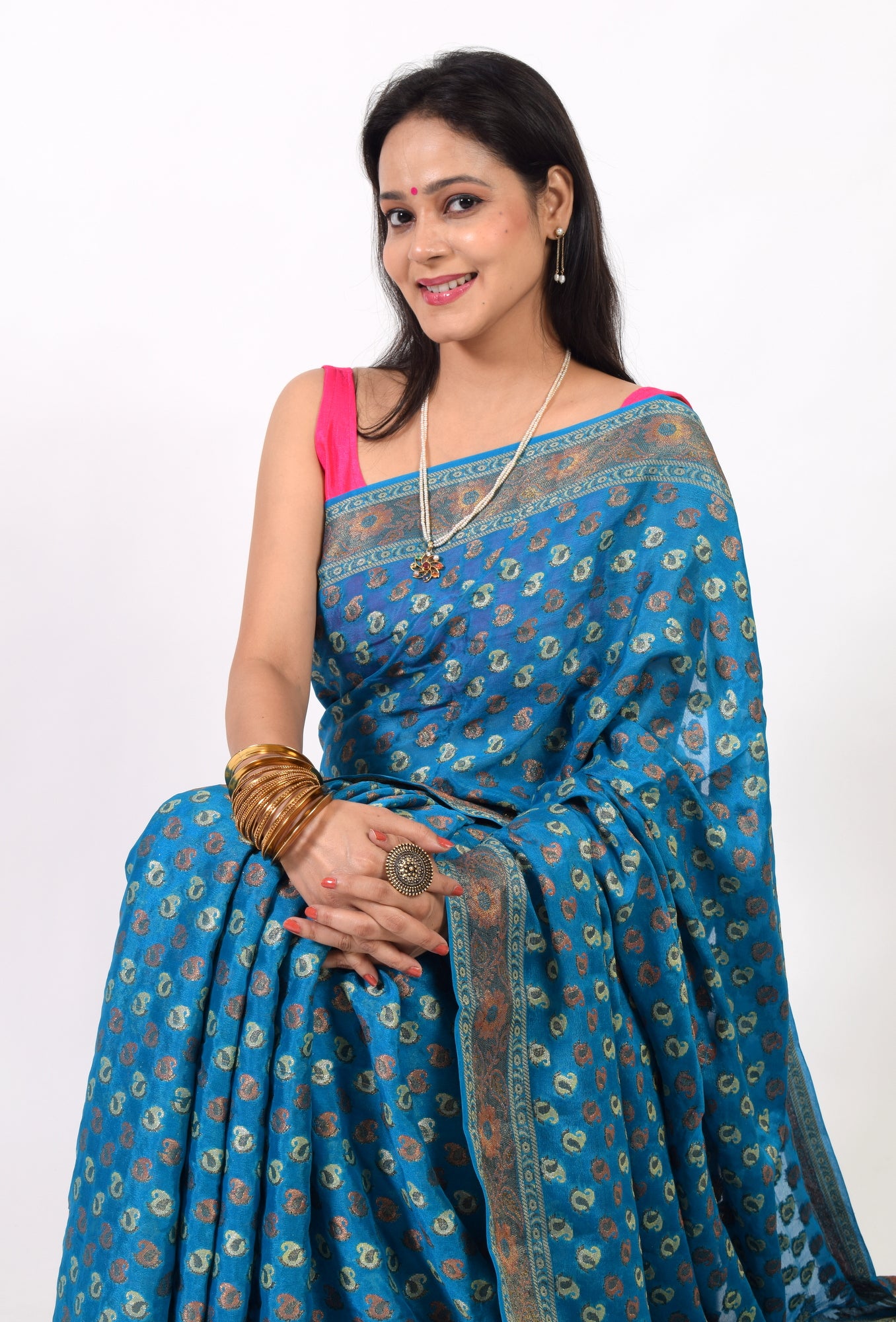 Teal Blue Pure Khaddi Chiffon Silk Banarasi Handloom Zari Woven Motifs Saree