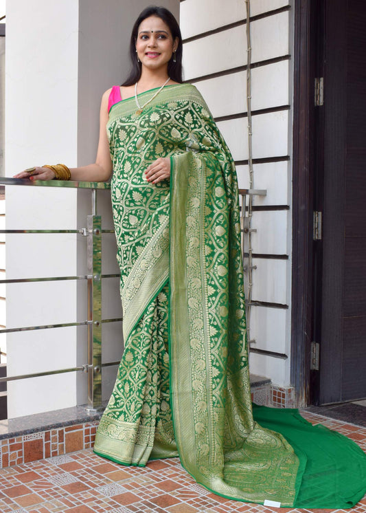 Green Pure Khaddi Georgette Silk Banarasi Handloom Woven Zari Zaal Saree Fabric