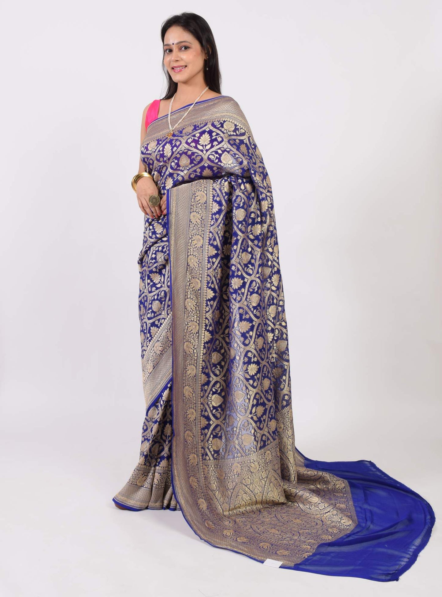 Blue Pure Khaddi Georgette Silk Banarasi Handloom Woven Zari Zaal Saree Fabric