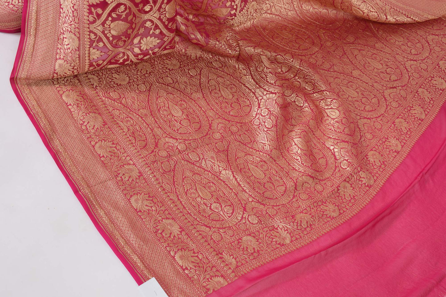 Magenta Pure Khaddi Georgette Silk Banarasi Handloom Woven Zari Zaal Sari Fabric