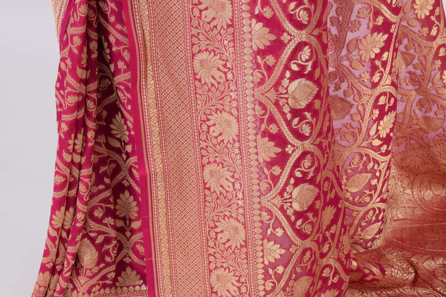 Magenta Pure Khaddi Georgette Silk Banarasi Handloom Woven Zari Zaal Sari Fabric