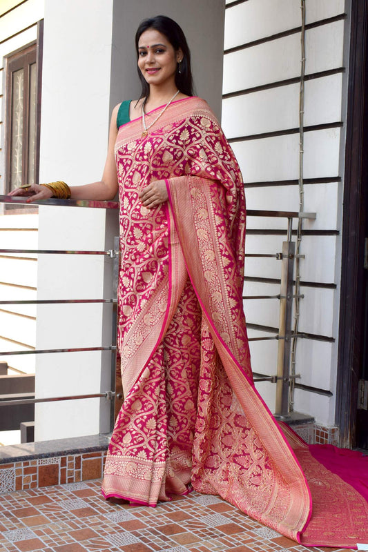 Magenta Pure Khaddi Georgette Silk Banarasi Handloom Woven Zari Zaal Sari Fabric