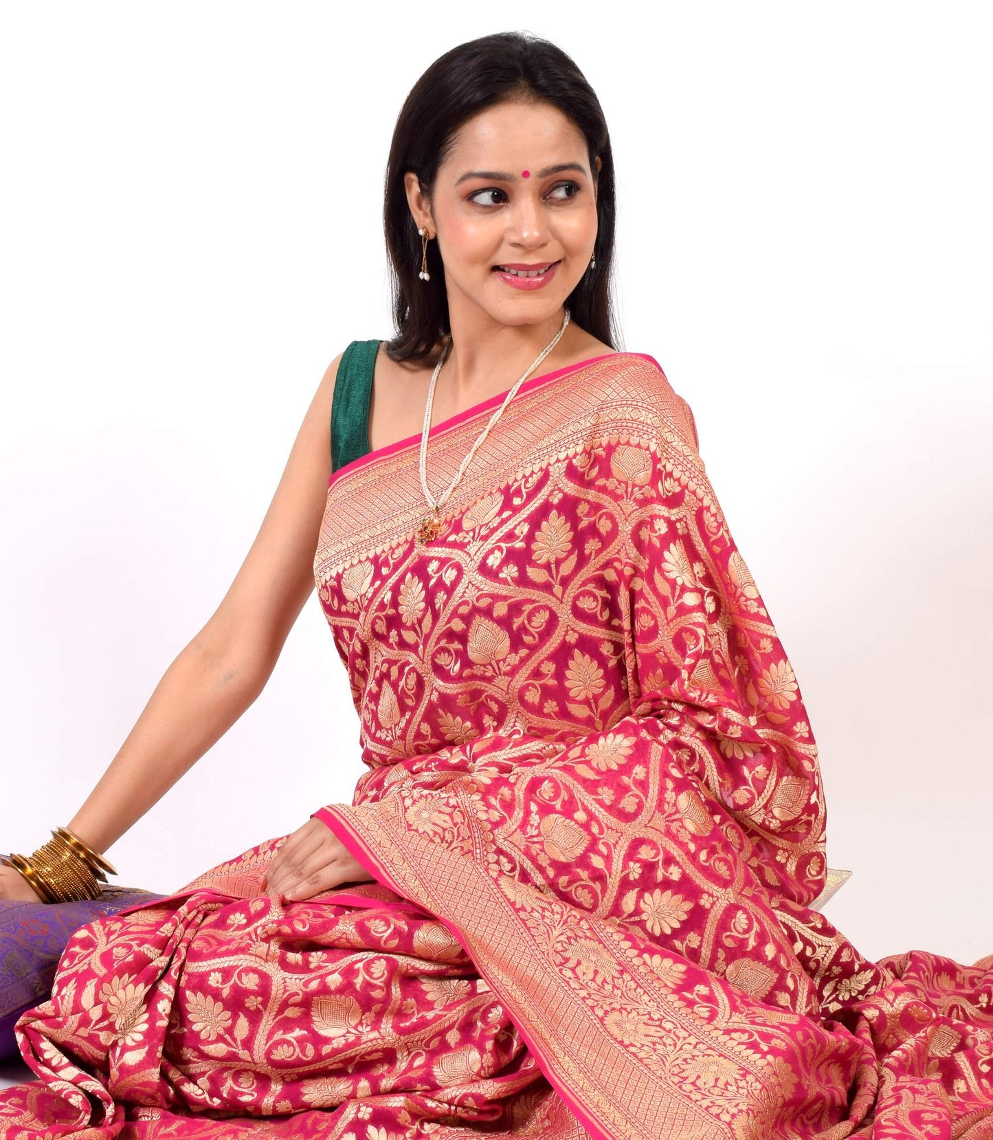 Magenta Pure Khaddi Georgette Silk Banarasi Handloom Woven Zari Zaal Sari Fabric