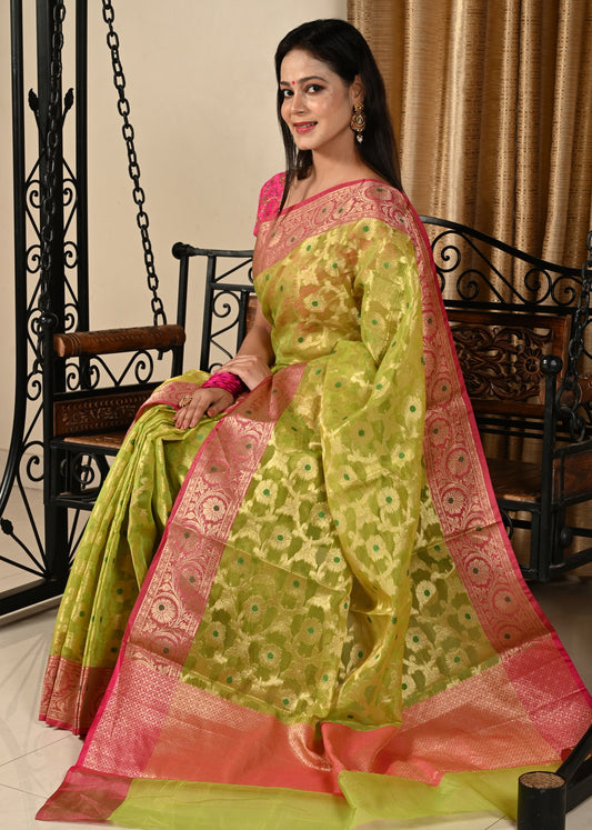 Banarasi Vastra Kora Silk Moonga Check Zari Zaal Contrast Pallu Border Green