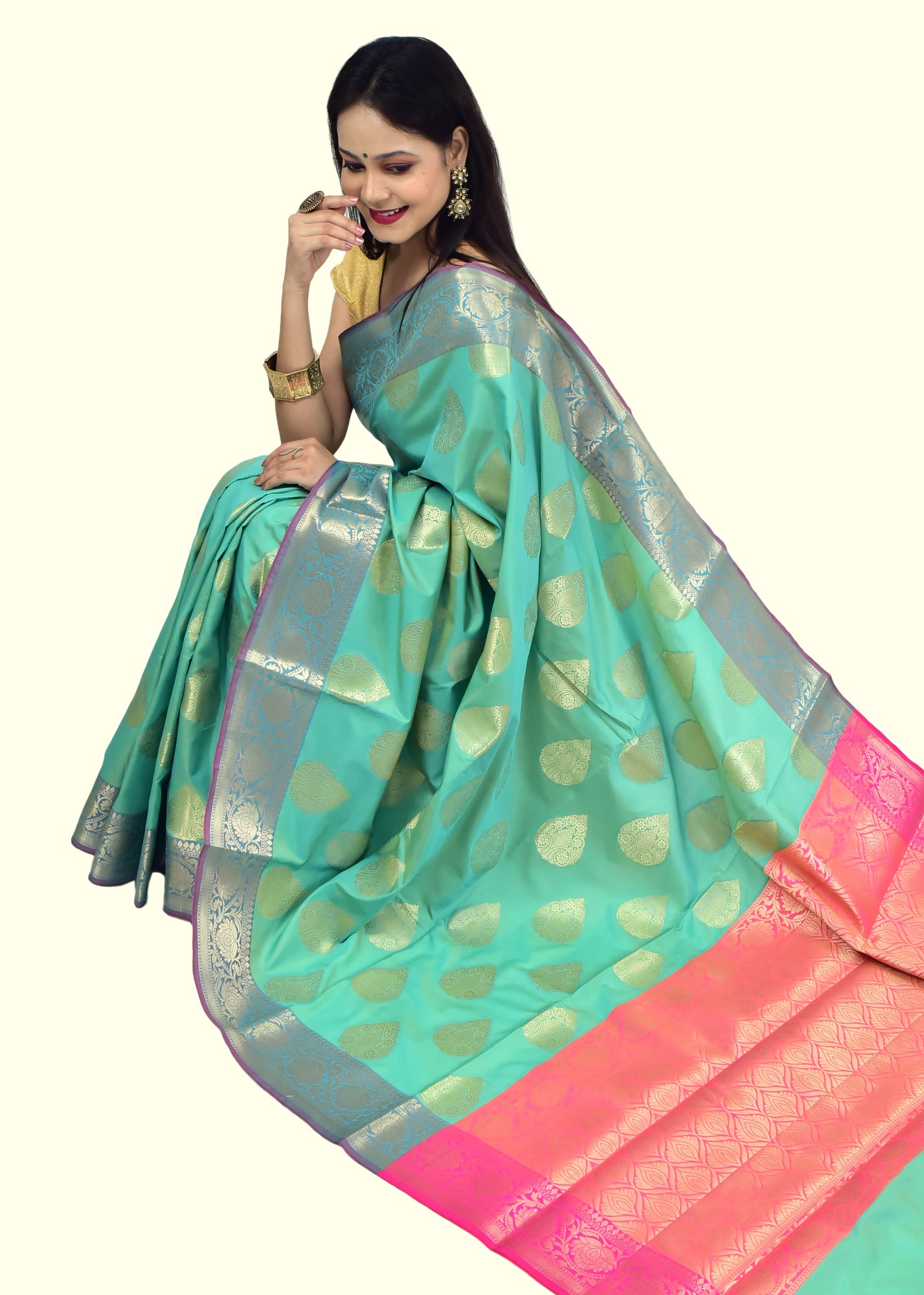 Banarasi Vastra Semi Katan Silk Woven Saree Golden Zari Buta Floral Border Green