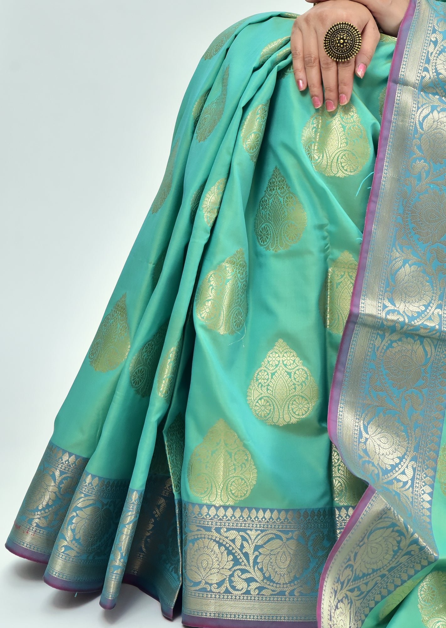 Banarasi Vastra Semi Katan Silk Woven Saree Golden Zari Buta Floral Border Green