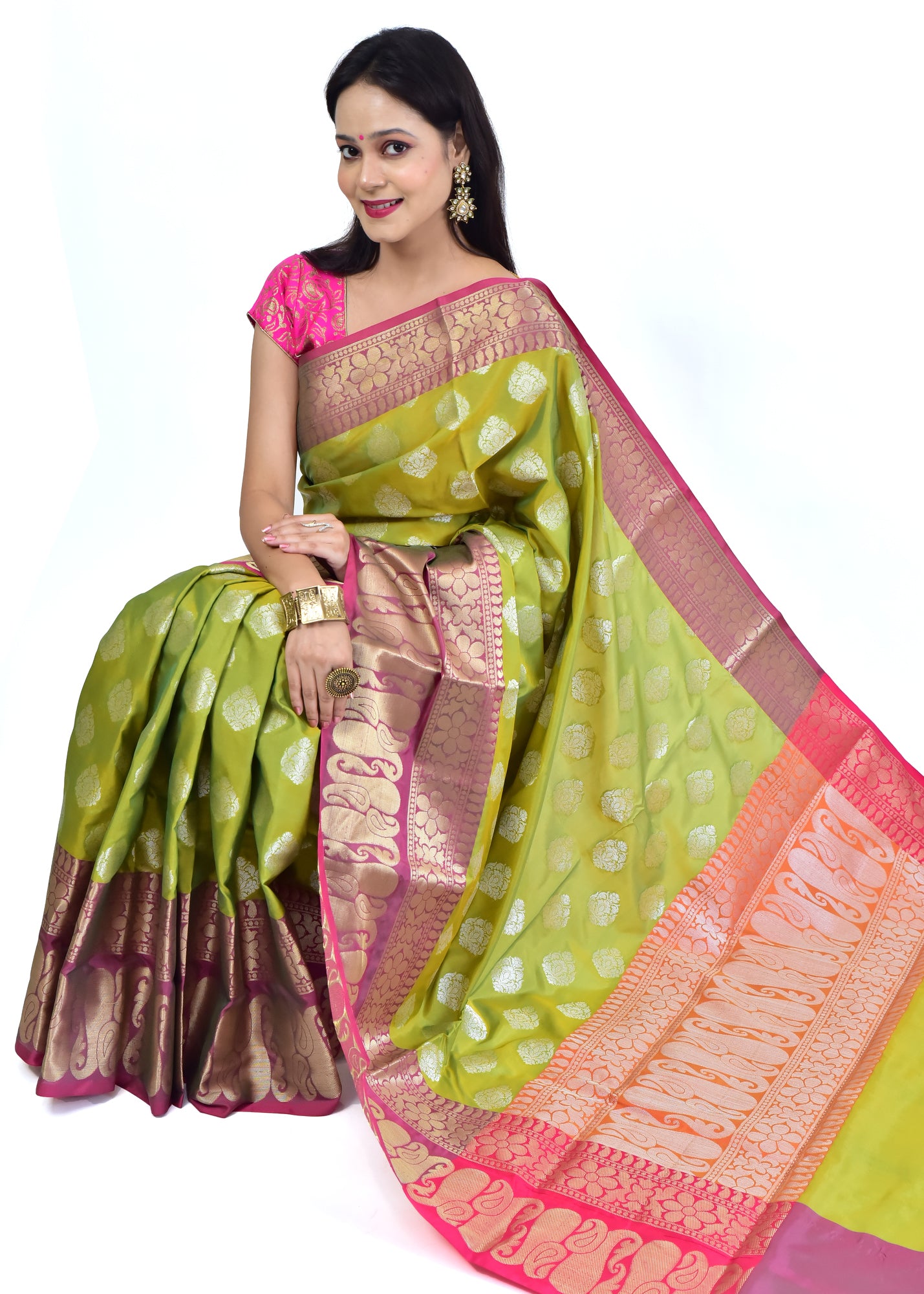 Banarasi Vastra Semi Katan Silk Woven Saree Silver Zari Buta Antique Skirt Bordr