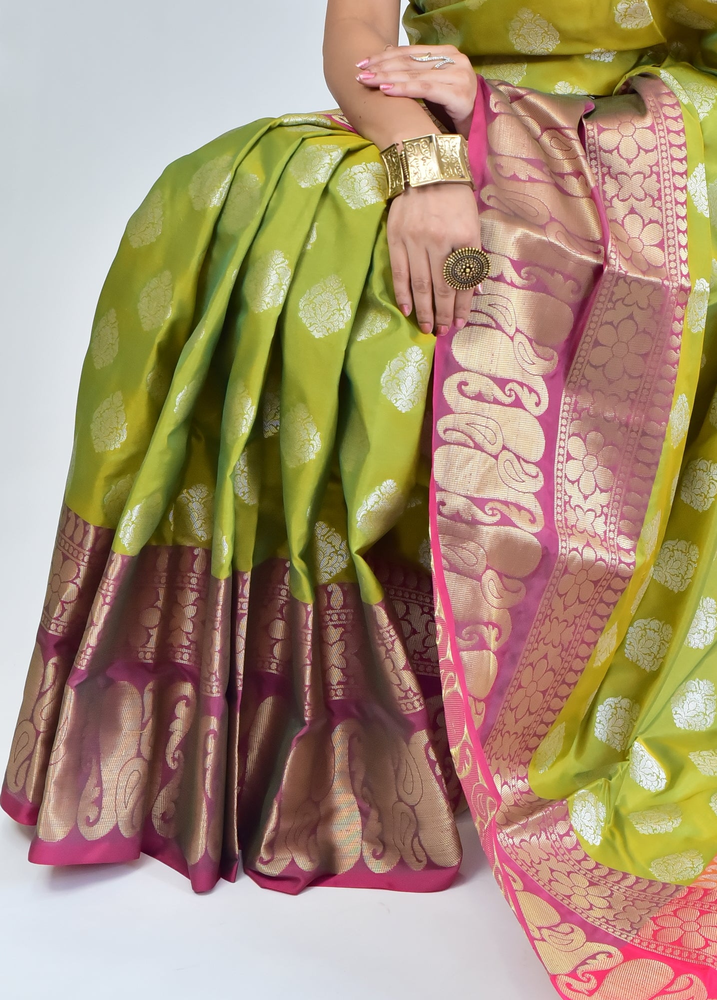 Banarasi Vastra Semi Katan Silk Woven Saree Silver Zari Buta Antique Skirt Bordr