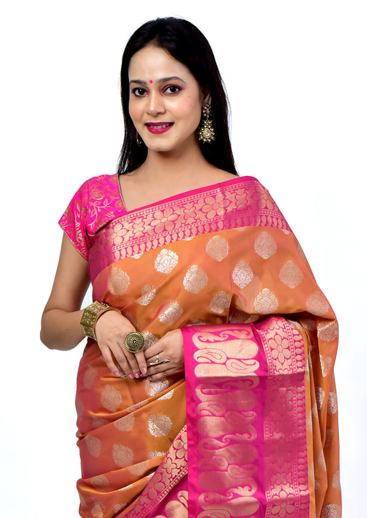 Banarasi Vastra Semi Katan Silk Woven Saree Silver Buta Antique Skirt Border