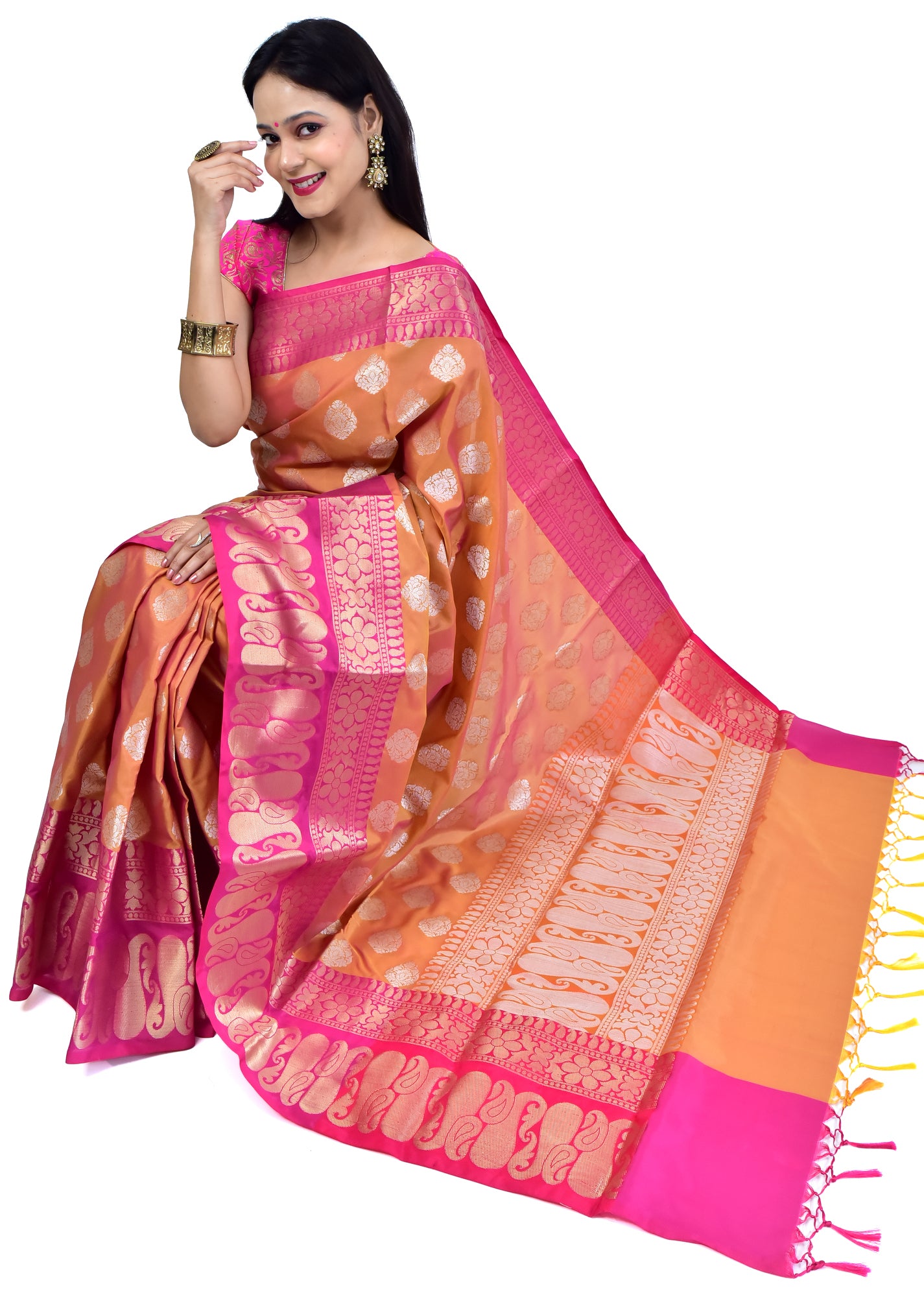 Banarasi Vastra Semi Katan Silk Woven Saree Silver Buta Antique Skirt Border
