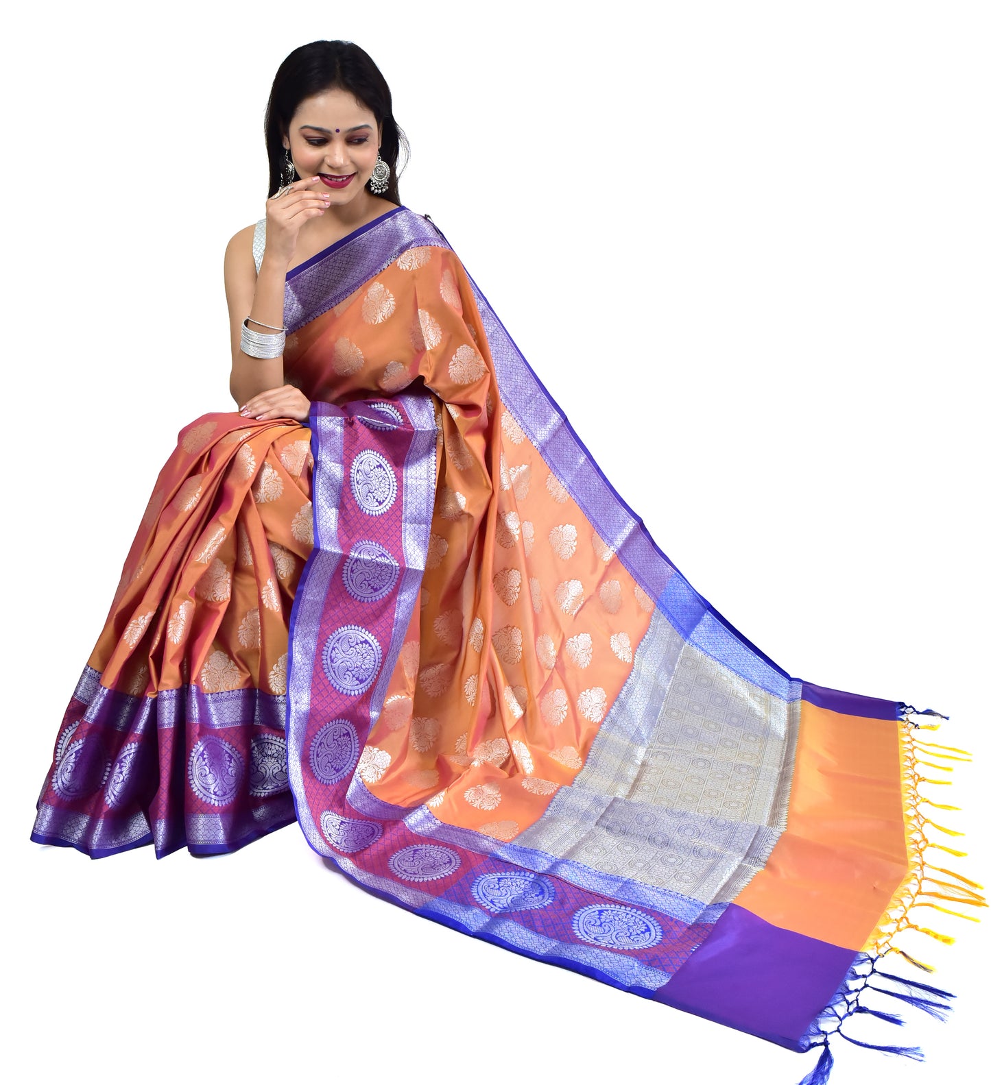 Banarasi Vastra Semi Katan Silk Woven Saree Silver Zari Buta Skirt Border Saree