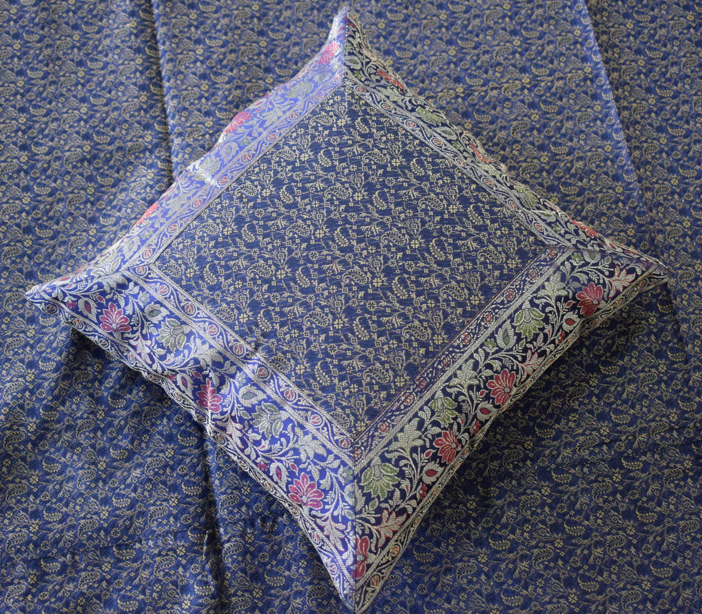 Banarasi Bed Cover Set Indian Ethnic Traditional Silk Woven Resham Brocade Blue