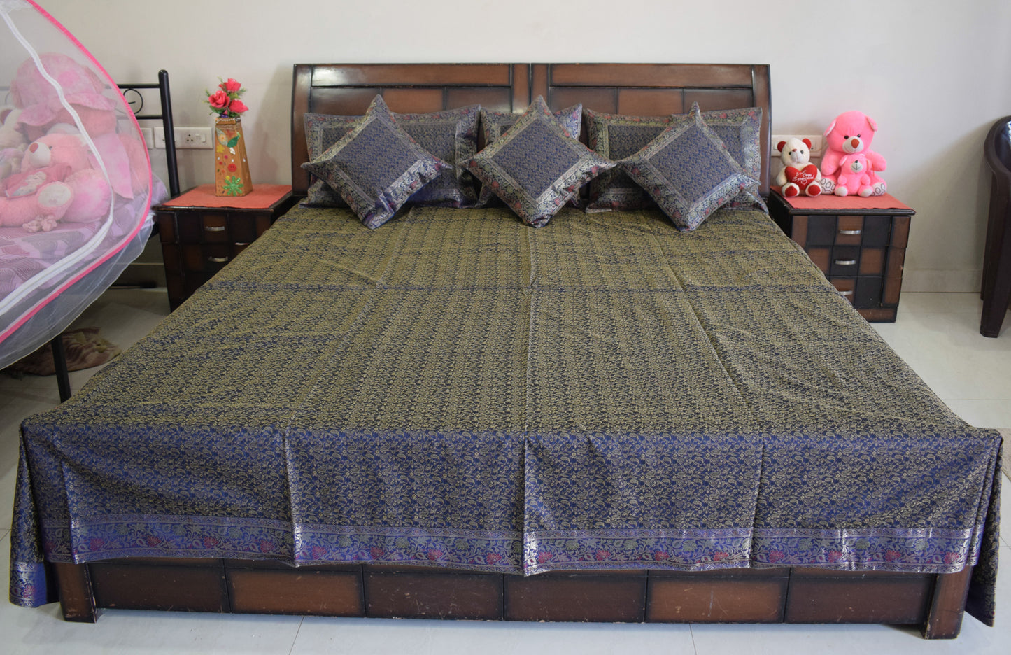 Banarasi Bed Cover Set Indian Ethnic Traditional Silk Woven Resham Brocade Blue