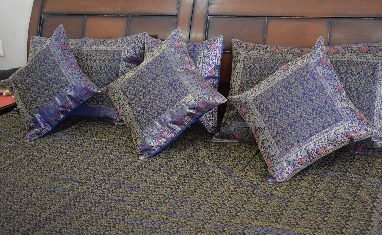 Banarasi Bed Cover Set Indian Ethnic Traditional Silk Woven Resham Brocade Blue