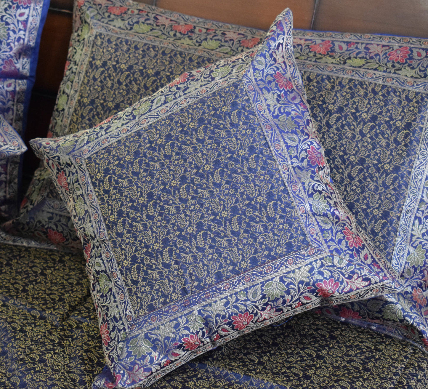 Banarasi Bed Cover Set Indian Ethnic Traditional Silk Woven Resham Brocade Blue