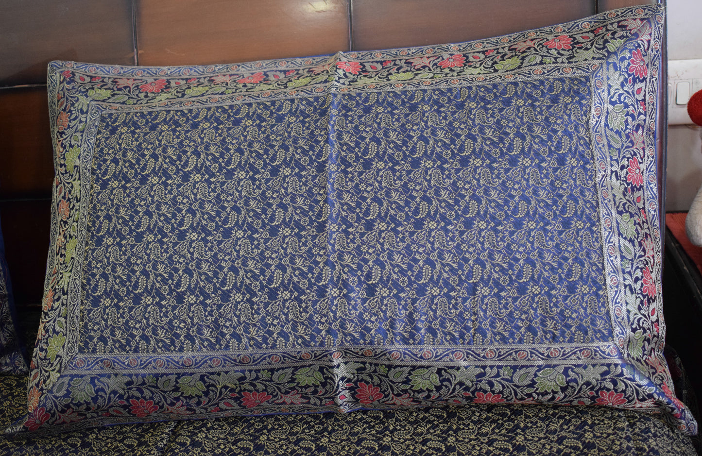 Banarasi Bed Cover Set Indian Ethnic Traditional Silk Woven Resham Brocade Blue